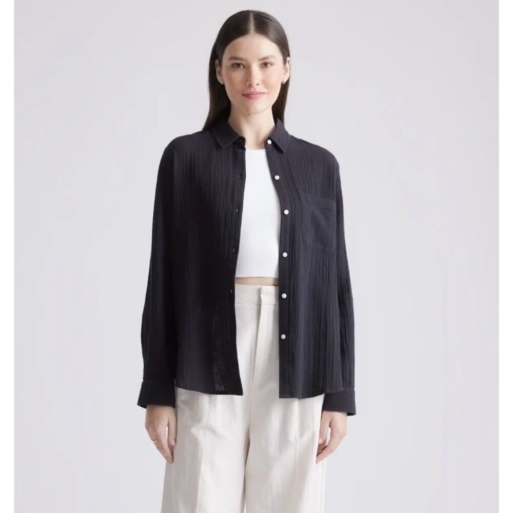 Quince organic cotton gauze long sleeve shirt black size large